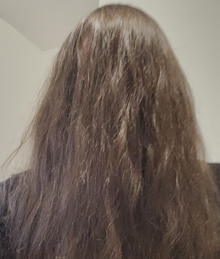 Picture of Sam, hair covering their face.